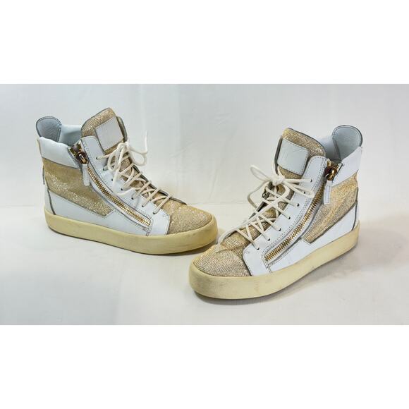Giusseppi Zanotti Hightop Sneakers Womens 40 10 White Leather Gold Studded Boot - Picture 7 of 16